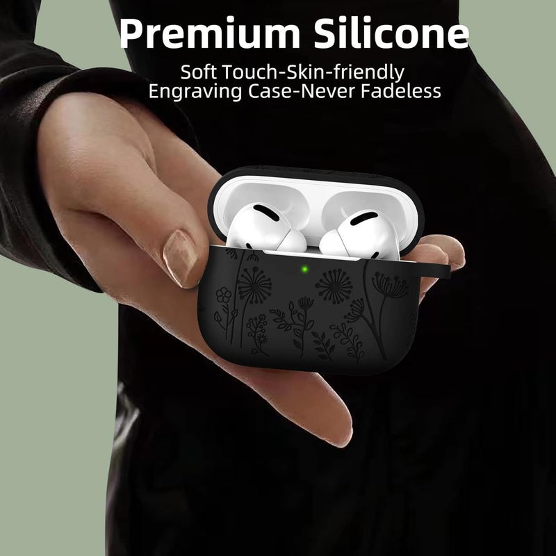 Lerobo Flower Engraved Case Compatible with Apple AirPods Pro 2 Case Cover Full Protective Cover for AirPods Pro Case 2nd 1st Generation 2022/2023 USB C Cute Soft Silicone Skin Front LED Visible Black - Image 4